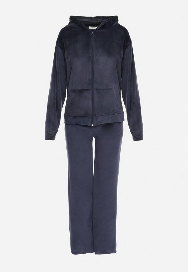 Born2be - Granatowy Welurowy Komplet Dresowy Bluza z Kapturem i Szerokie Spodnie Atiferi. Kolor: niebieski. Materiał: dresówka, welur