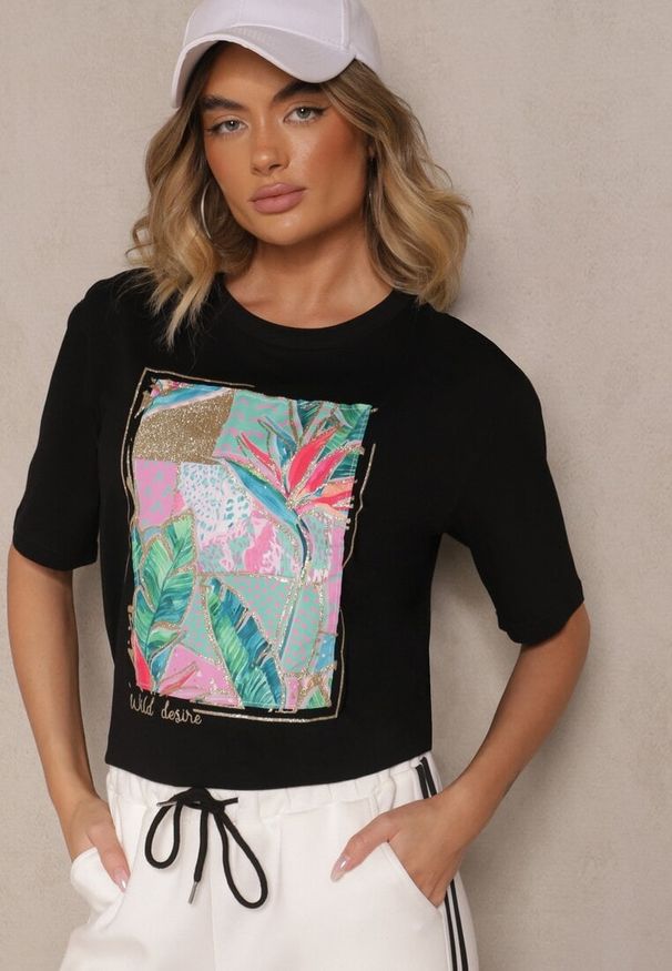 Renee - Czarny T-shirt z Bawełny Ozdobiony Brokatem Isadelle. Okazja: na co dzień. Kolor: czarny. Materiał: bawełna. Wzór: aplikacja. Styl: klasyczny, casual