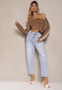 Renee - Jasnoniebieskie Jeansy Boyfriend High Waist Zdobione Przetarciami Neniffia. Okazja: na co dzień. Stan: podwyższony. Kolor: niebieski. Wzór: aplikacja. Styl: casual, elegancki