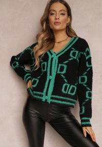 Renee - Czarno-Zielony Kardigan Sethoy. Typ kołnierza: dekolt w kształcie V. Kolor: czarny. Materiał: dzianina. Długość rękawa: długi rękaw. Długość: długie. Styl: vintage #4