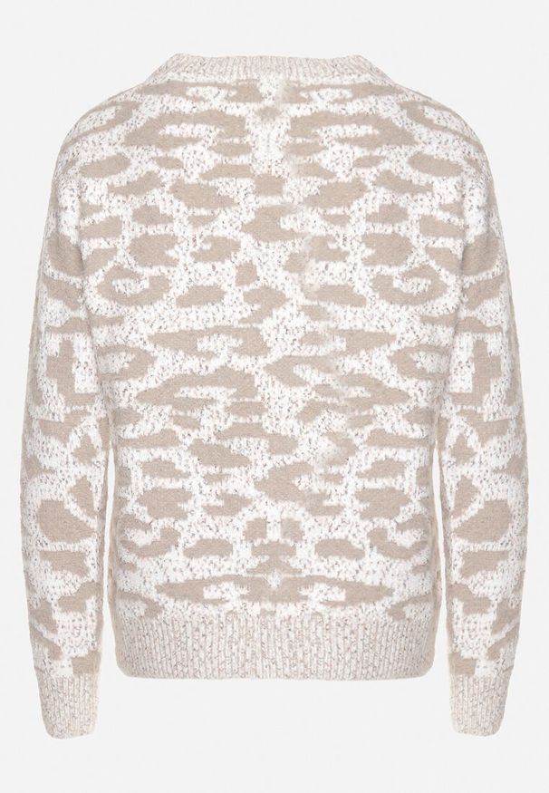 Born2be - Ciemnobeżowy Sweter z Wełną o Klasycznym Kroju Zdobiony Wzorem w Cętki Zinarisa. Kolor: beżowy. Materiał: wełna. Wzór: aplikacja. Sezon: zima. Styl: klasyczny