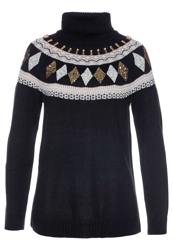 Sweter z dzianiny z wełną, w norweski wzór z cekinami bonprix czarno-kremowy. Kolor: czarny. Materiał: materiał, wełna, akryl. Wzór: aplikacja. Styl: klasyczny