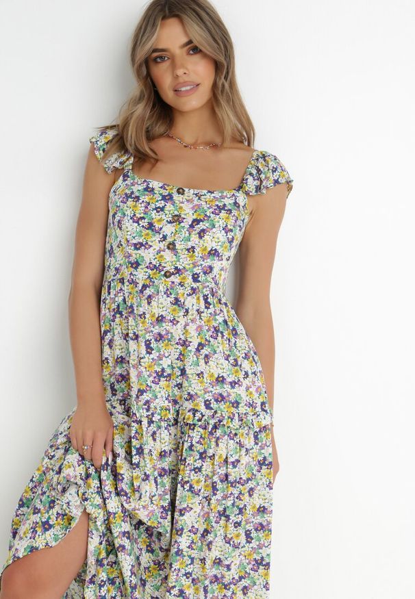 Born2be - Biało-Fioletowa Sukienka Maibe. Kolor: biały. Materiał: tkanina. Długość rękawa: na ramiączkach. Wzór: kwiaty, nadruk, aplikacja. Sezon: wiosna, lato. Typ sukienki: trapezowe. Styl: boho. Długość: maxi