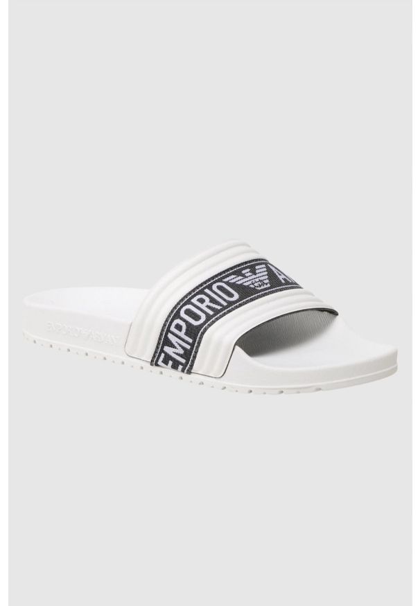 Emporio Armani - EMPORIO ARMANI Białe klapki męskie, Rozmiar 40. Kolor: biały. Materiał: materiał. Wzór: haft