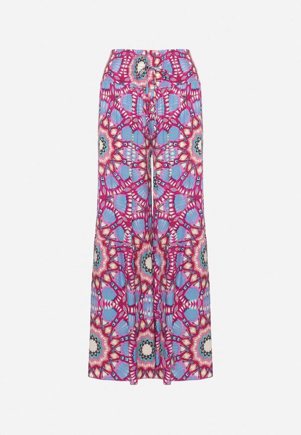 Born2be - Różowo-Niebieskie Wiskozowe Spodnie Typu Palazzo z Wysokim Stanem i Gumką w Pasie Agnalia. Okazja: na co dzień. Stan: podwyższony. Kolor: różowy. Materiał: wiskoza. Długość: długie. Styl: casual