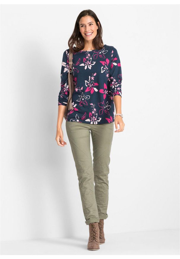 bonprix - Shirt z długim rękawem, w kwiaty. Kolor: niebieski. Materiał: bawełna. Długość rękawa: długi rękaw. Długość: długie. Wzór: kwiaty