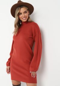 Born2be - Czerwona Sweterkowa Sukienka Mini z Gładkiej Dzianiny Narel. Kolor: czerwony. Materiał: dzianina. Wzór: gładki. Typ sukienki: proste. Długość: mini #4