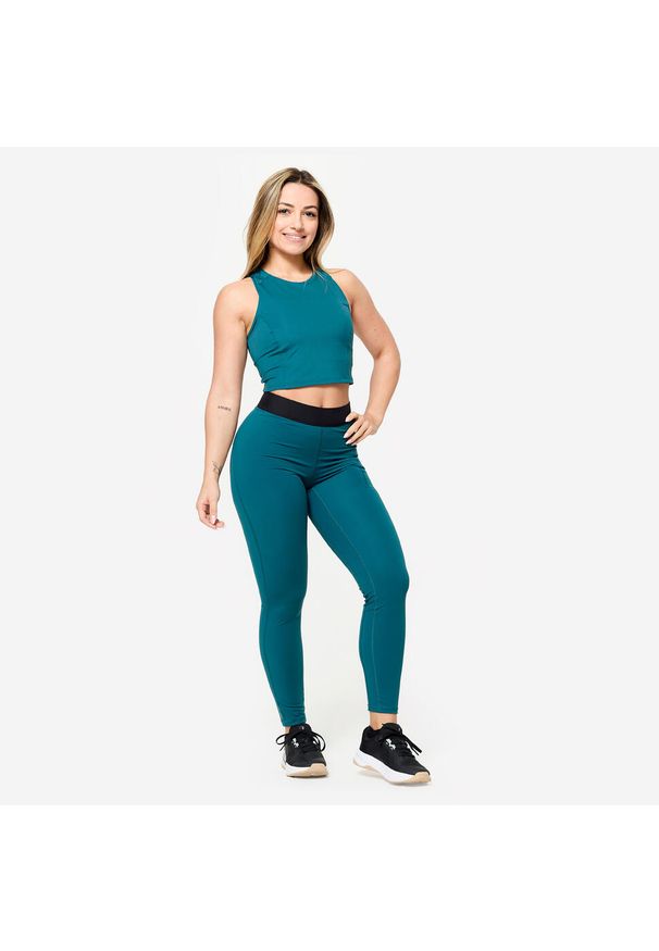 DOMYOS - Koszulka fitness damska Domyos crop top bez rękawów. Kolor: niebieski, zielony, wielokolorowy. Materiał: poliamid, elastan, materiał. Długość rękawa: bez rękawów. Sport: fitness