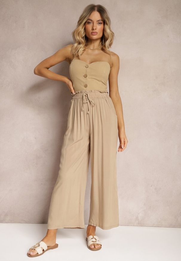 Renee - Beżowe Spodnie Palazzo High Waist z Bawełny Wykończone Gumką w Talii Nellsea. Okazja: na co dzień. Stan: podwyższony. Kolor: beżowy. Materiał: bawełna. Styl: elegancki, casual