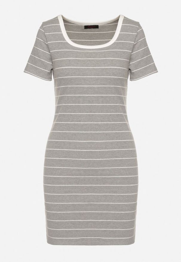 Born2be - Jasnoszara Bawełniana Sukienka w Paski o Dopasowanym Kroju Tiamirene. Okazja: na co dzień. Kolor: szary. Materiał: bawełna. Wzór: paski. Typ sukienki: proste. Styl: casual, klasyczny