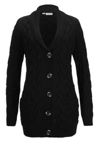 Sweter rozpinany z szalowym kołnierzem i wzorem w warkocze bonprix czarny. Kolor: czarny. Długość: długie