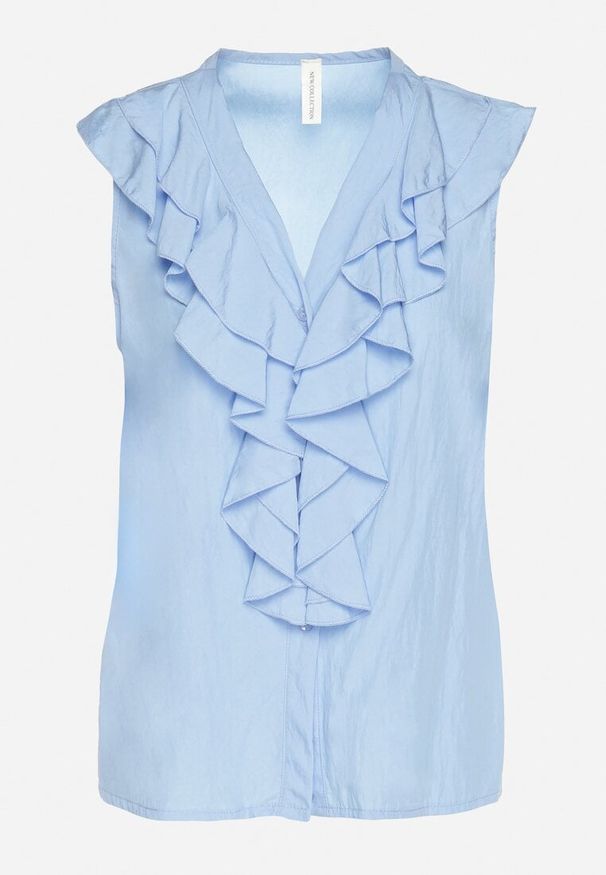 Born2be - Niebieska Koszula Bez Rękawów z Wiskozą z Dekoltem w Serek i Falbaną Arlimi. Okazja: na co dzień. Typ kołnierza: dekolt w serek. Kolor: niebieski. Materiał: wiskoza. Długość rękawa: bez rękawów. Styl: klasyczny, casual, elegancki