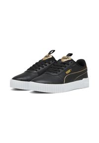 Puma - Damskie sneakersy Carina 2.0 Pop Up Metallics PUMA Black Gold White. Kolor: czarny, biały, wielokolorowy, żółty. Materiał: skóra. Wzór: aplikacja. Sezon: lato. Sport: turystyka piesza
