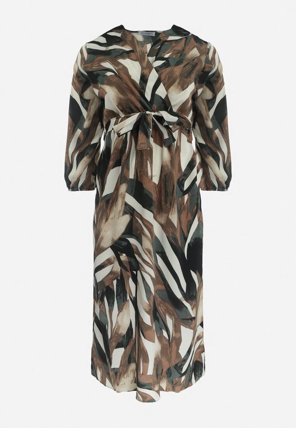 Born2be - Beżowa Rozkloszowana Sukienka z Gumką w Pasie Merlina. Kolor: beżowy. Materiał: materiał. Typ sukienki: kopertowe. Długość: maxi