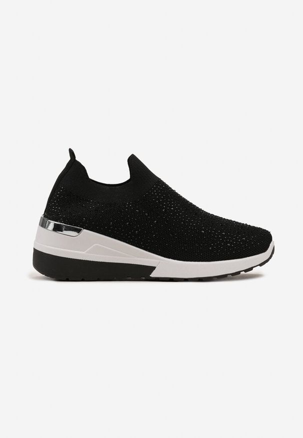 Renee - Czarne Wsuwane Sneakersy z Cyrkoniami na Koturnie Tireva. Zapięcie: bez zapięcia. Kolor: czarny. Szerokość cholewki: normalna. Obcas: na koturnie