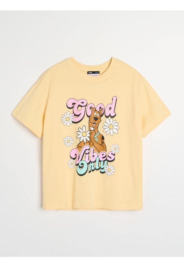 Sinsay - Bawełniana koszulka z nadrukiem Scooby Doo - żółty. Kolor: żółty. Materiał: bawełna. Wzór: nadruk