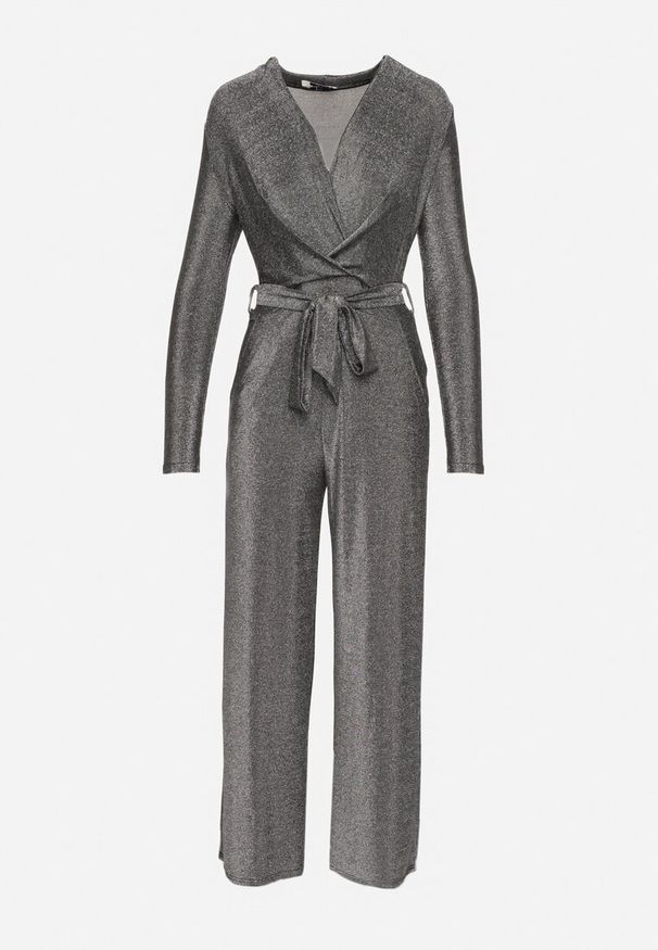 Born2be - Srebrny Kombinezon z Wiskozą o Kopertowym Kroju z Paskiem Temaviel. Okazja: na co dzień. Kolor: srebrny. Materiał: wiskoza. Długość: długie. Styl: wizytowy, casual, elegancki, sportowy