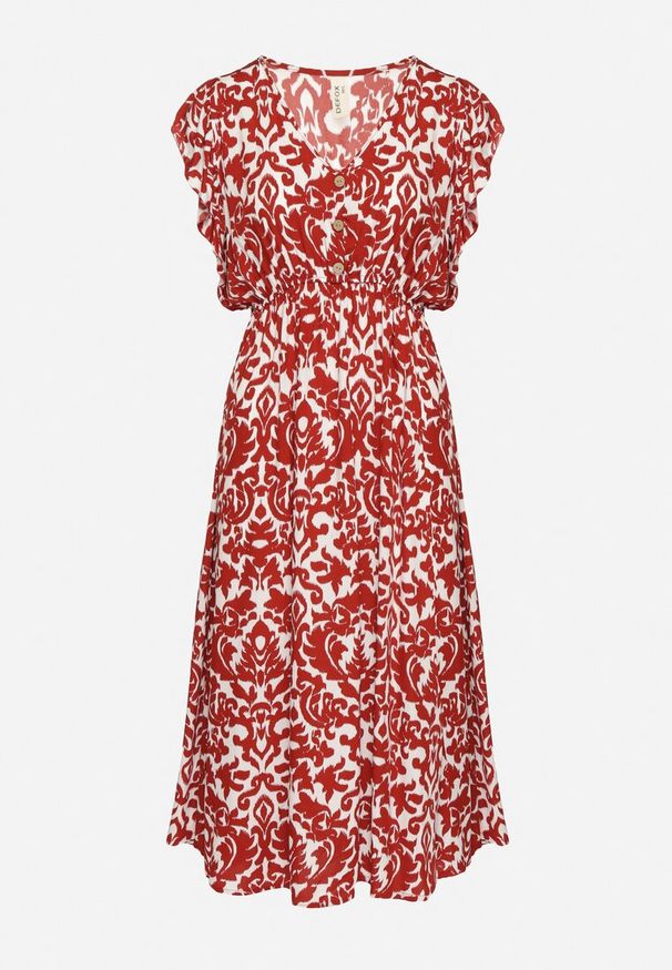 Born2be - Bordowa Bawełniana Sukienka Rozkloszowana z Falbankami w Ornamentalny Wzór Zaliette. Okazja: na co dzień. Typ kołnierza: kołnierz z falbankami. Kolor: czerwony. Materiał: bawełna. Długość rękawa: krótki rękaw. Styl: casual, elegancki