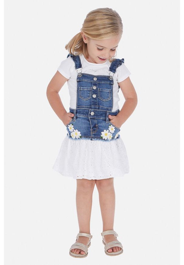Mayoral - Spódnica dziecięca 92-134 cm. Kolor: niebieski. Materiał: bawełna, jeans, elastan, tkanina, poliester. Wzór: aplikacja