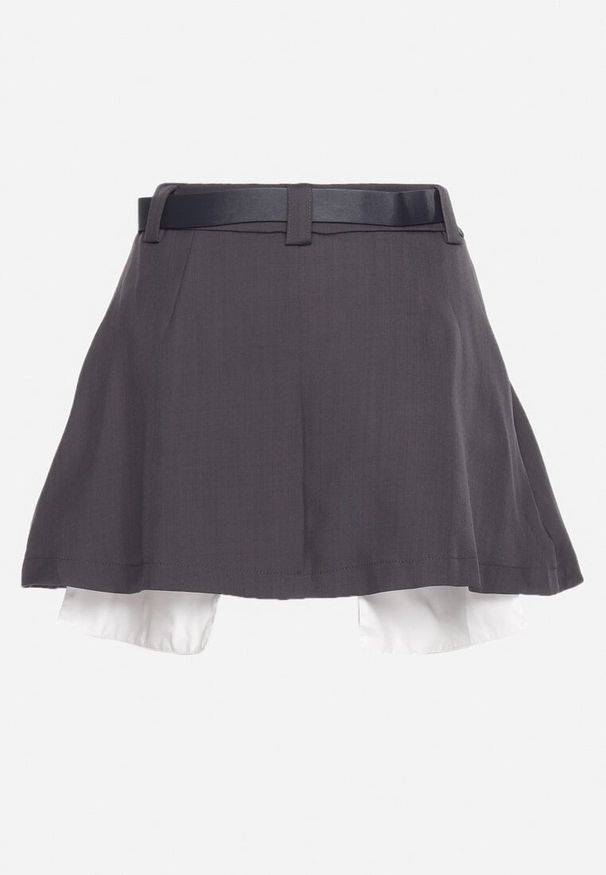 Born2be - Szara Plisowana Spódnica o Rozkloszowanym Kroju z Paskiem z Klamrą Vimalin. Okazja: na spotkanie biznesowe. Kolor: szary. Styl: biznesowy, elegancki