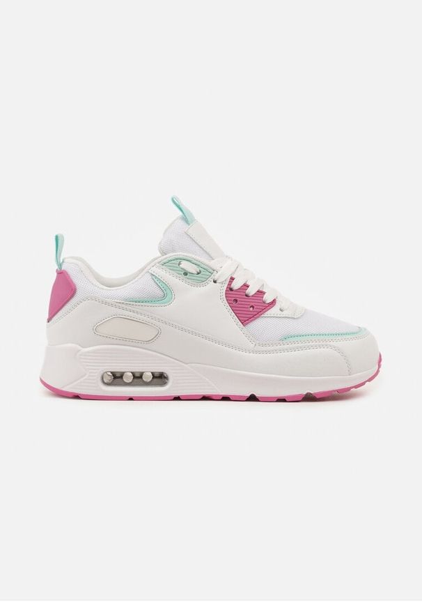 Born2be - Biało-Różowe Sneakersy z Podeszwą Typu Air z Ekoskóry Sznurowane Ozarae. Kolor: biały. Materiał: jeans