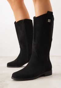 Renee - Czarne Ażurowe Botki z Geometryczną Ozdobą Naeraste. Okazja: na co dzień. Kolor: czarny. Materiał: jeans. Wzór: geometria, ażurowy, aplikacja. Styl: casual #6