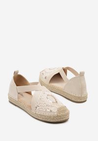 Born2be - Beżowe Espadryle z Gumką na Plecionej Podeszwie Zdobione Haftem Fodarilla. Okazja: na co dzień, na spacer. Kolor: beżowy. Materiał: koronka. Wzór: aplikacja, haft. Styl: boho, klasyczny, elegancki, casual #6