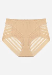 Renee - Beżowe Siateczkowe Majtki Figi High Waist z Koronkowymi Zdobieniami Heylih. Stan: podwyższony. Kolekcja: plus size. Kolor: beżowy. Materiał: koronka. Wzór: aplikacja #2