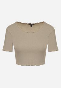 Born2be - Ciemnozielony Prążkowany T-shirt z Bawełną Adlesa. Okazja: na co dzień. Kolor: zielony. Materiał: bawełna, prążkowany. Styl: casual #6