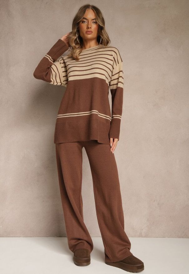 Renee - Brązowy Komplet z Dzianiny z Wełną Pasiasty Sweter i Spodnie Ralleia. Kolor: brązowy. Materiał: dzianina, wełna. Wzór: paski