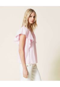 TwinSet - TWINSET - Różowa bluzka z koronką. Kolor: fioletowy, wielokolorowy, różowy. Materiał: koronka. Wzór: koronka