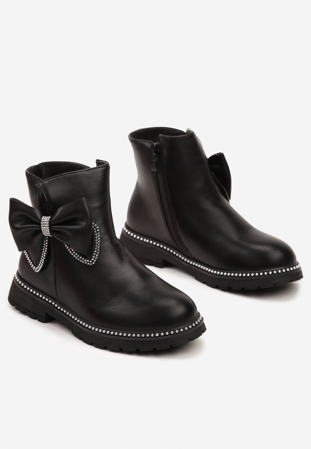 Born2be - Czarne Botki Ozdobione Kokardami i Cyrkoniami Venorith. Okazja: na co dzień. Kolor: czarny. Materiał: jeans. Wzór: aplikacja. Sezon: zima, jesień. Styl: casual, elegancki