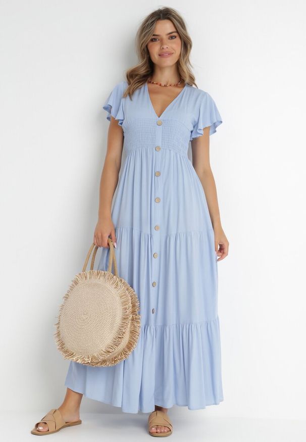 Born2be - Jasnoniebieska Sukienka z Wiskozy Heeny. Okazja: na randkę, na co dzień. Kolor: niebieski. Materiał: wiskoza. Wzór: aplikacja, gładki. Sezon: lato. Styl: casual. Długość: maxi