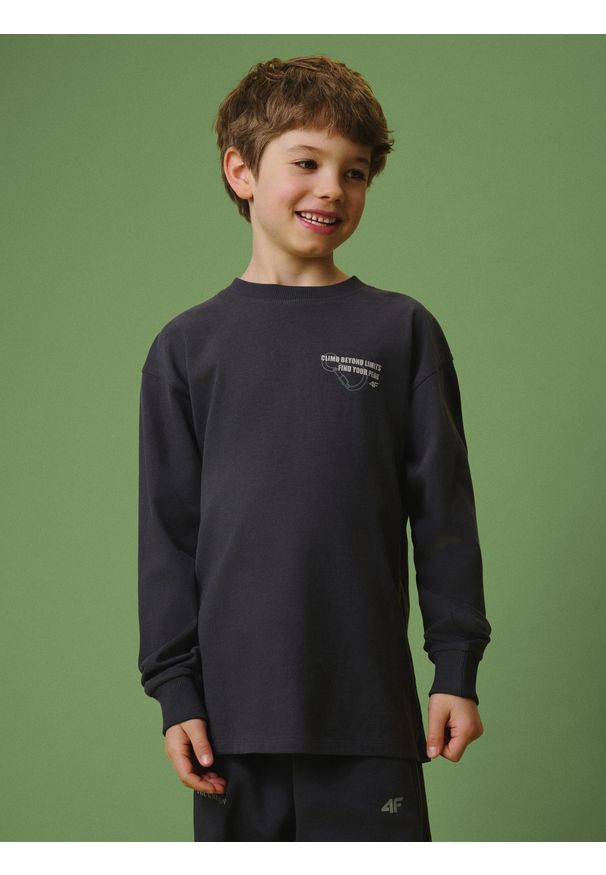4f - 4F Longsleeve loose z nadrukiem chłopięcy - szary 158/164 (12-14 lat). Okazja: na co dzień, na uczelnię. Kolor: szary. Materiał: dzianina, bawełna, skóra. Długość rękawa: długi rękaw. Wzór: nadruk. Sezon: lato. Styl: casual