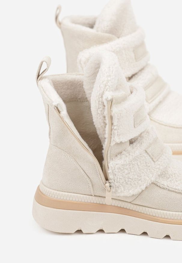 Renee - Beżowe Botki Typu Śniegowce na Platformie z Dwoma Ozdobnymi Rzepami Edarlia. Okazja: na co dzień. Zapięcie: rzepy. Kolor: beżowy. Materiał: jeans. Obcas: na platformie. Styl: casual, elegancki