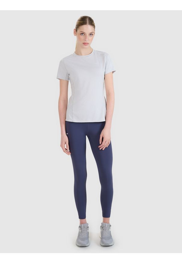 4f - 4F Legginsy do biegania szybkoschnące damskie - szare S. Stan: podwyższony. Kolor: szary. Materiał: dzianina, elastan, włókno, syntetyk, materiał. Długość: krótkie. Wzór: gładki, jednolity, ze splotem. Sport: fitness, bieganie