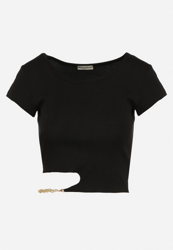 Born2be - Czarny Bawełniany T-shirt z Asymetrycznym Wycięciem i Ozdobnym Łańcuszkiem Glitia. Okazja: na co dzień. Kolor: czarny. Materiał: bawełna. Styl: casual