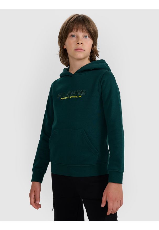 4f - 4F Bluza dresowa nierozpinana z kapturem chłopięca - turkusowa 152 (11-12 lat). Okazja: na co dzień. Typ kołnierza: kaptur. Kolor: turkusowy. Materiał: dresówka. Wzór: gładki, nadruk, ze splotem. Sezon: lato. Styl: casual, sportowy