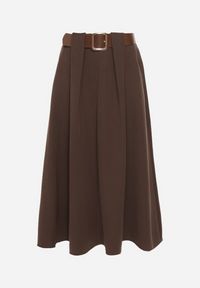 Born2be - Brązowa Rozkloszowana Spódnica z Wiskozą Zdobiona Paskiem z Klamrą Tinevia. Okazja: do pracy, na co dzień. Kolor: brązowy. Materiał: wiskoza. Wzór: aplikacja. Styl: klasyczny, casual, elegancki #6