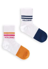 Volcano - Białe skarpety damskie z kolorowymi paskami A-KIKI, dwupak. Kolor: niebieski, wielokolorowy, pomarańczowy. Materiał: bawełna, tkanina, elastan, prążkowany, poliamid. Wzór: kolorowy