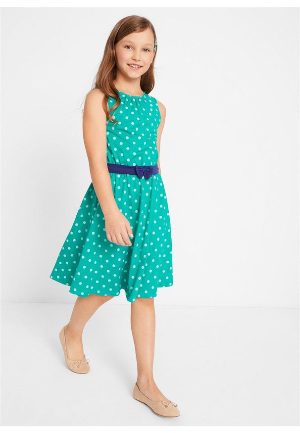 bonprix - Sukienka z dżerseju z czystej bawełny. Typ kołnierza: kokarda. Kolor: zielony. Materiał: jersey, bawełna. Wzór: kropki. Styl: elegancki
