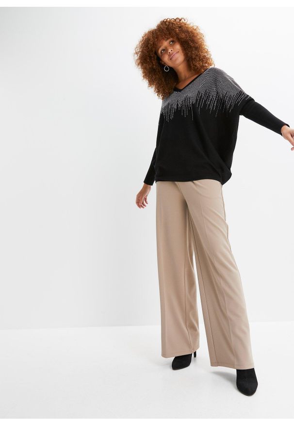 bonprix - Cienki sweter z aplikacją ze sztrasów. Kolor: czarny. Wzór: aplikacja