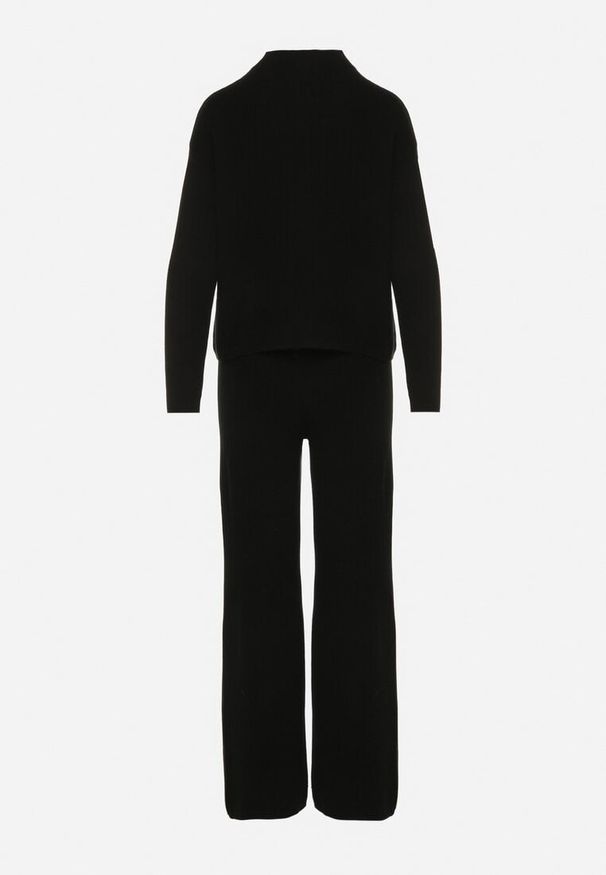 Born2be - Czarny Prążkowany Komplet Dzianinowy Szerokie Spodnie i Sweter z Półgolfem Fenitiva. Kolor: czarny. Materiał: dzianina, prążkowany