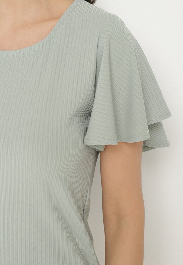 Born2be - Jasnozielona Bluzka Ozdobiona Szerokimi Rękawami Sunlisa. Okazja: na co dzień. Kolor: zielony. Materiał: jeans. Wzór: aplikacja. Styl: klasyczny, casual