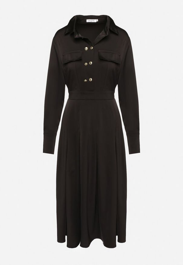 Born2be - Czarna Rozkloszowana Sukienka o Koszulowym Kroju z Imitacją Kieszeni i Gumką w Talii Rizza. Okazja: na co dzień. Kolor: czarny. Typ sukienki: koszulowe. Styl: elegancki, casual, klasyczny, wizytowy