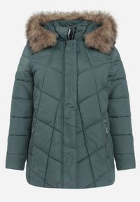 Born2be - Ciemnozielona Pikowana Kurtka z Kapturem i Futerkiem Maselle. Typ kołnierza: kaptur. Kolor: zielony. Materiał: futro. Sezon: jesień, zima #3
