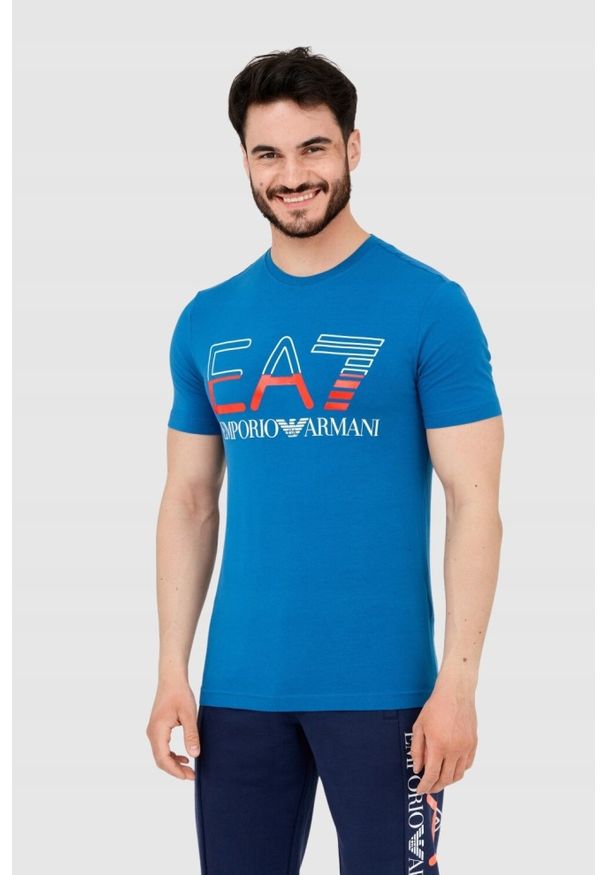 EA7 Emporio Armani - EA7 T-shirt męski niebieski z dużym logo, Rozmiar L. Kolor: niebieski