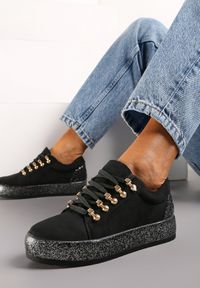 Born2be - Czarne Sneakersy Catkin. Nosek buta: okrągły. Zapięcie: sznurówki. Kolor: czarny. Materiał: jeans. Szerokość cholewki: normalna. Obcas: na platformie #7