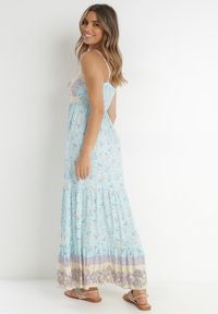Born2be - Jasnoniebieska Sukienka Bakrey. Kolor: niebieski. Materiał: koronka, wiskoza, tkanina. Długość rękawa: na ramiączkach. Wzór: aplikacja, kwiaty, nadruk. Sezon: lato. Długość: maxi #6