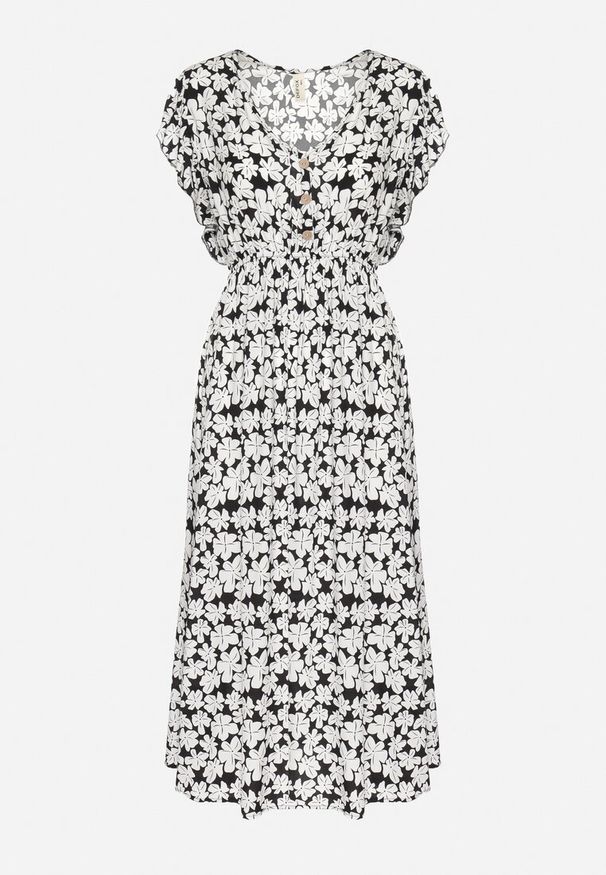 Born2be - Czarna Bawełniana Sukienka w Kwiatki o Rozkloszowanym Kroju z Gumką Alanilia. Okazja: na co dzień. Typ kołnierza: dekolt w kształcie V. Kolor: czarny. Wzór: kwiaty. Typ sukienki: rozkloszowane. Materiał: bawełna. Długość rękawa: krótki rękaw. Sezon: wiosna, lato. Styl: casual, elegancki